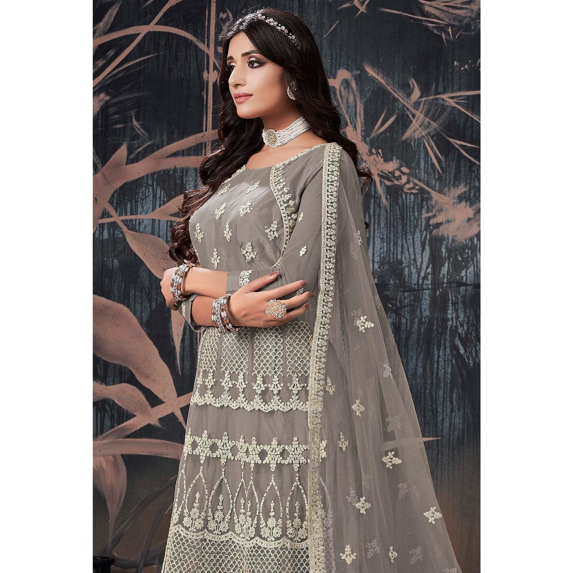 Grey Partywear Embroidery With Embellished Net Gown