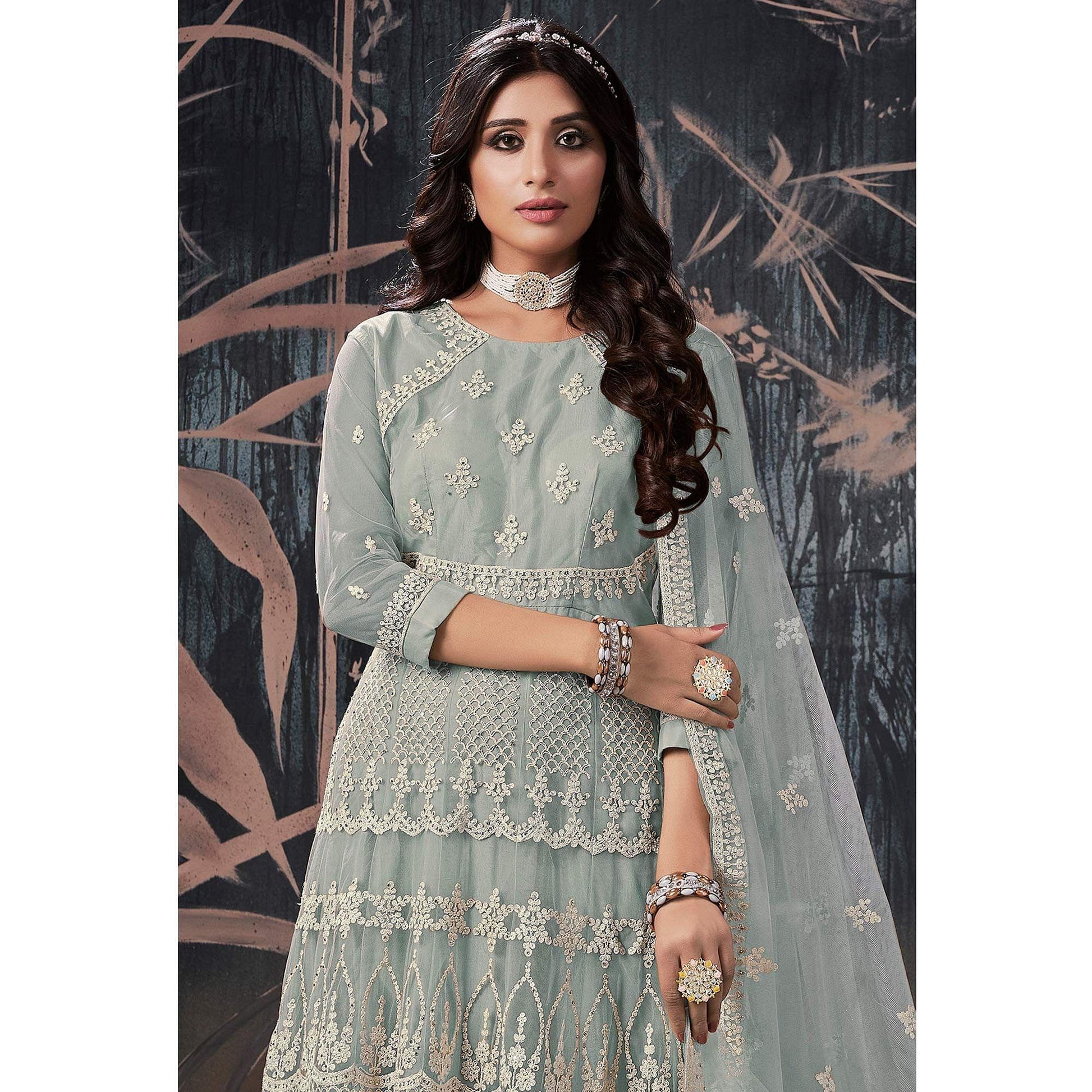 Grey Partywear Embroidery With Embellished Net Gown