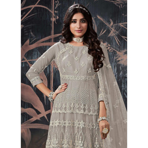 Grey Partywear Embroidery With Embellished Net Gown