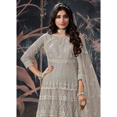Grey Partywear Embroidery With Embellished Net Gown