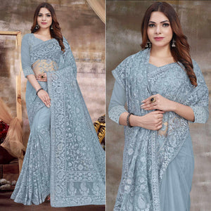 Grey Partywear Embroidery With Embellished Net Saree