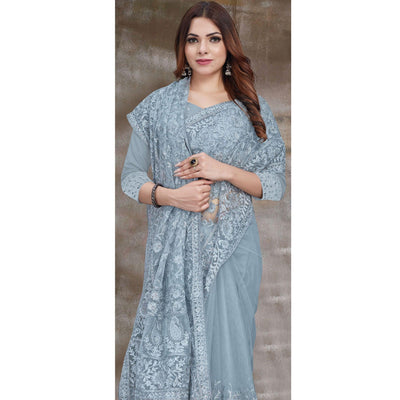 Grey Partywear Embroidery With Embellished Net Saree