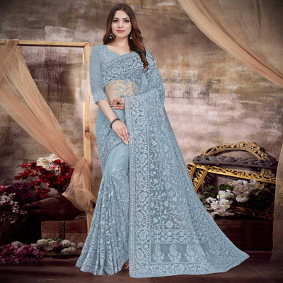 Grey Partywear Embroidery With Embellished Net Saree