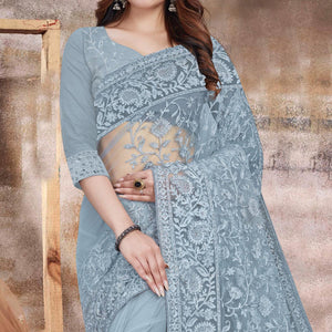 Grey Partywear Embroidery With Embellished Net Saree