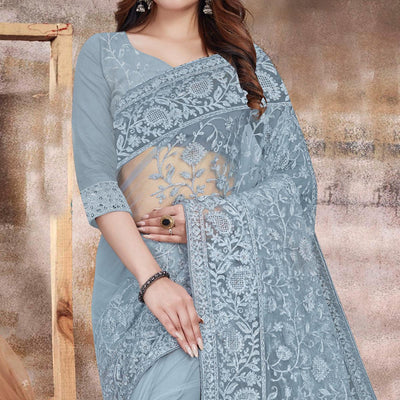 Grey Partywear Embroidery With Embellished Net Saree