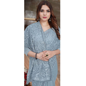 Grey Partywear Embroidery With Embellished Net Saree