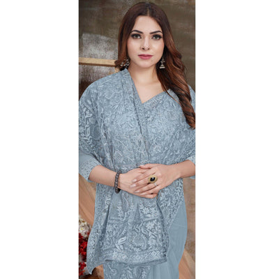 Grey Partywear Embroidery With Embellished Net Saree