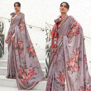 Grey Partywear Floral Digital Printed Silk Saree