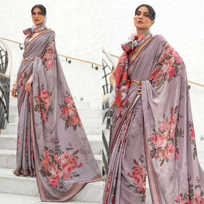 Grey Partywear Floral Digital Printed Silk Saree