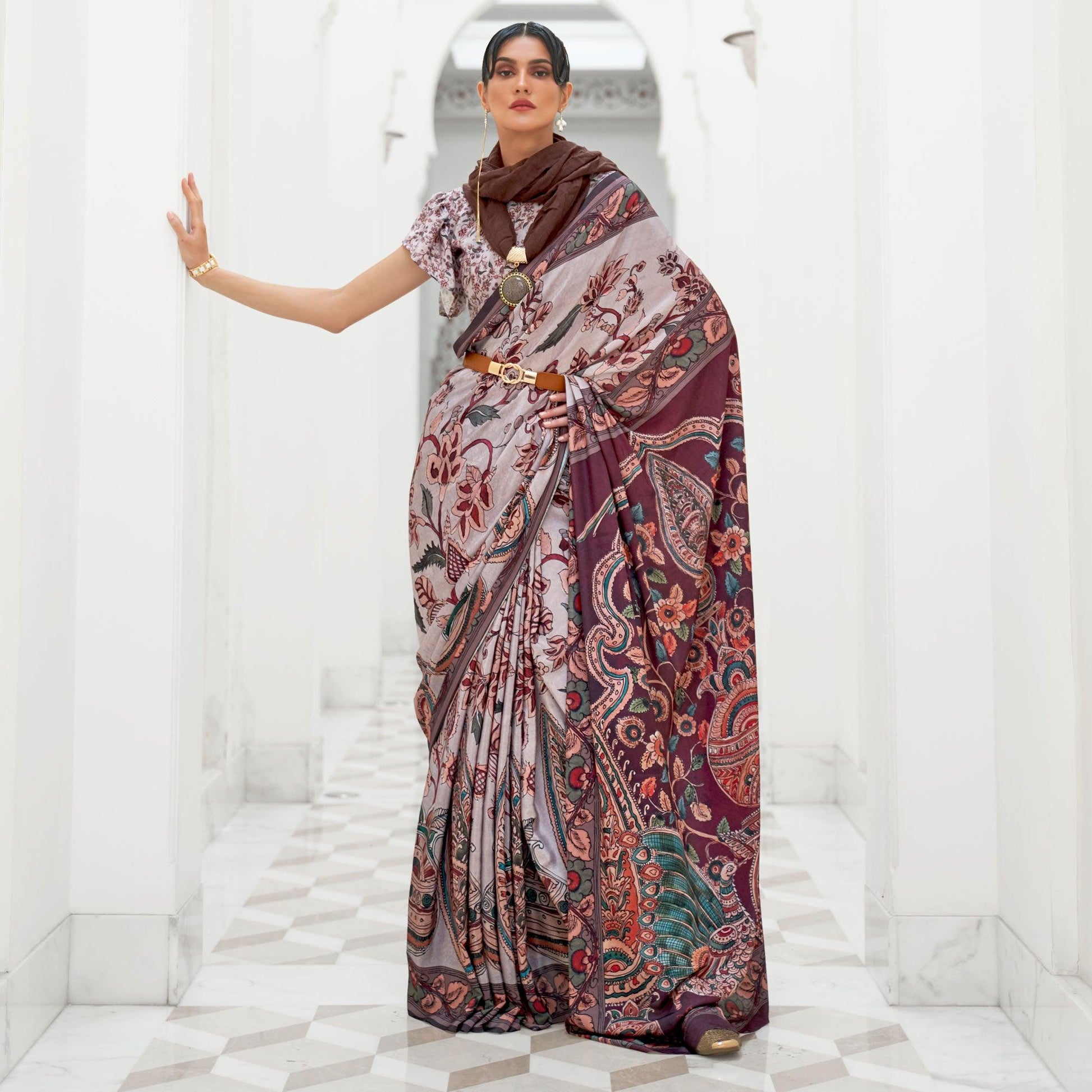 Grey Partywear Floral Digital Printed Silk Saree