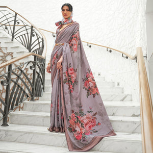 Grey Partywear Floral Digital Printed Silk Saree