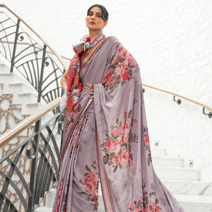 Grey Partywear Floral Digital Printed Silk Saree