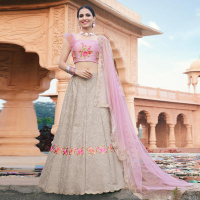 Grey Partywear Floral Embroidered Modal Satin Lehenga Choli