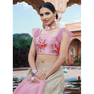 Grey Partywear Floral Embroidered Modal Satin Lehenga Choli