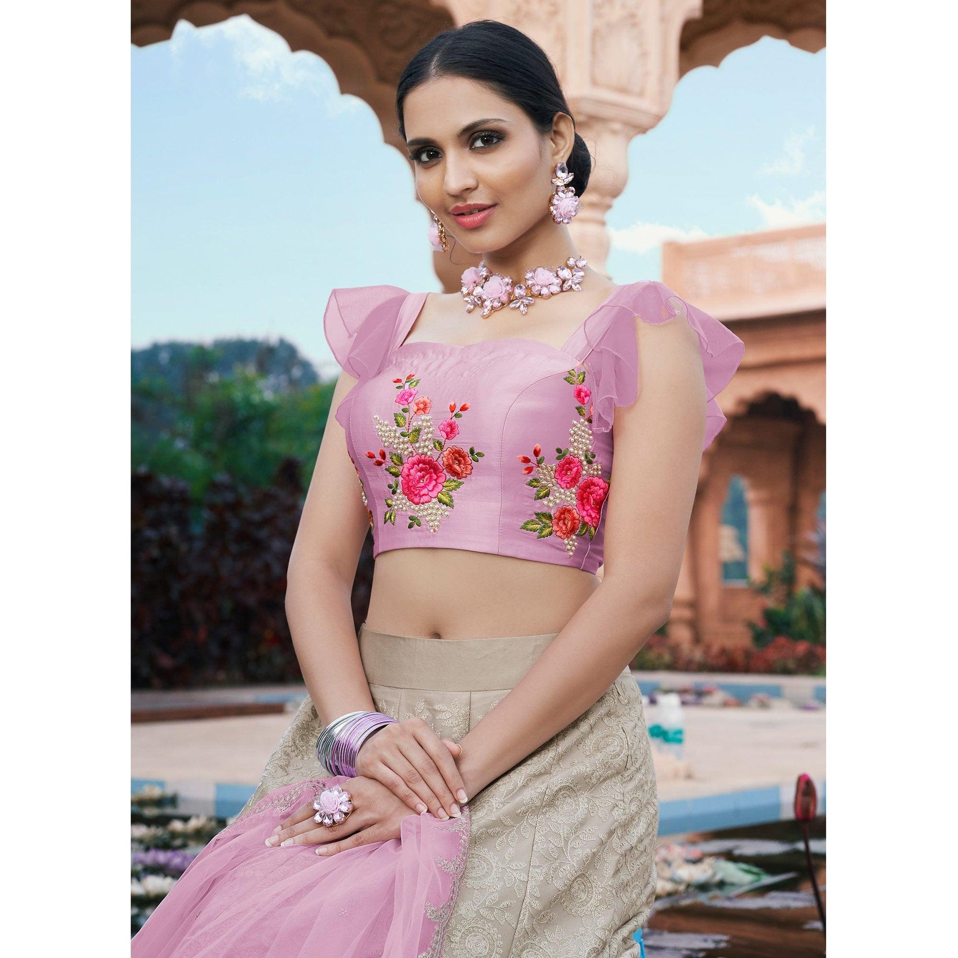 Grey Partywear Floral Embroidered Modal Satin Lehenga Choli