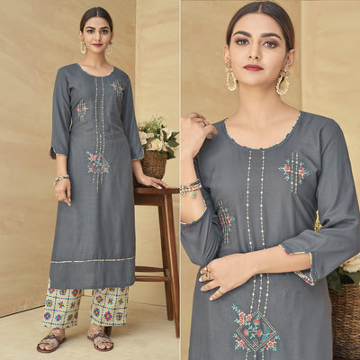 Grey Partywear Floral Embroidered Rayon Kurti Palazzo Set