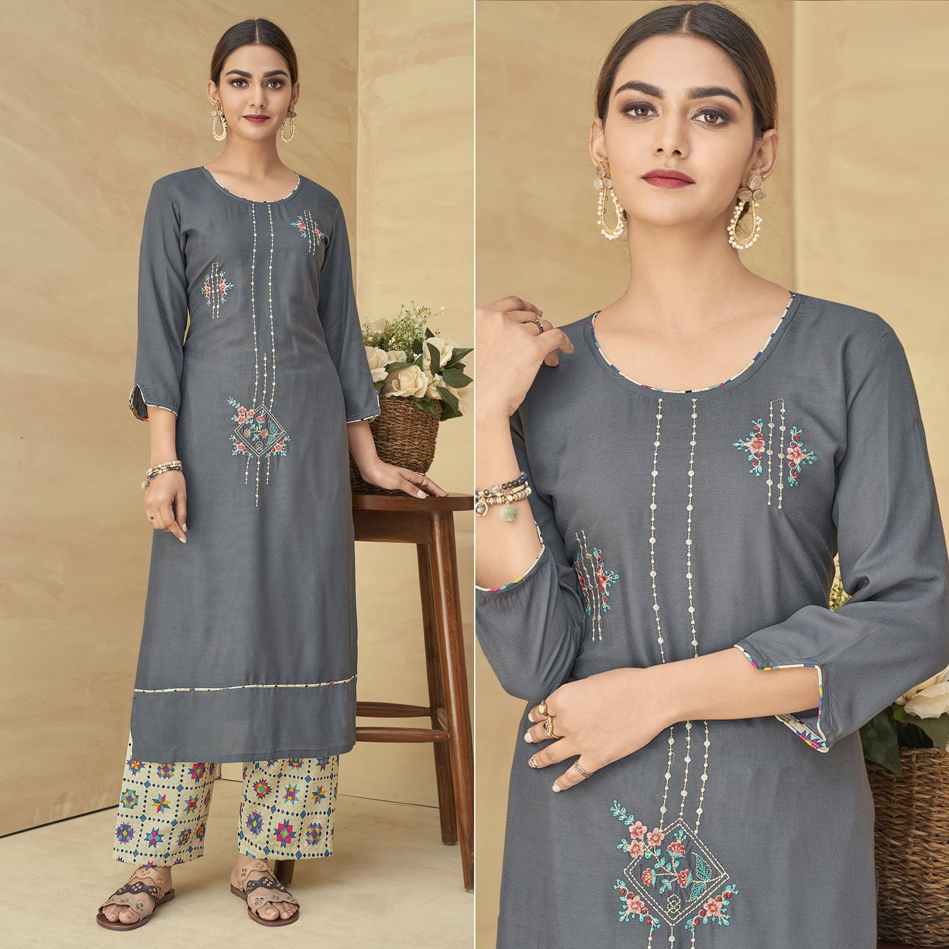 Grey Partywear Floral Embroidered Rayon Kurti Palazzo Set