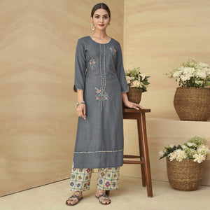 Grey Partywear Floral Embroidered Rayon Kurti Palazzo Set