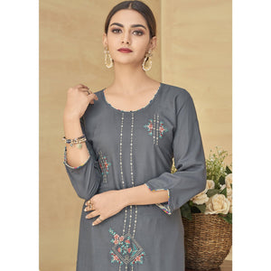 Grey Partywear Floral Embroidered Rayon Kurti Palazzo Set