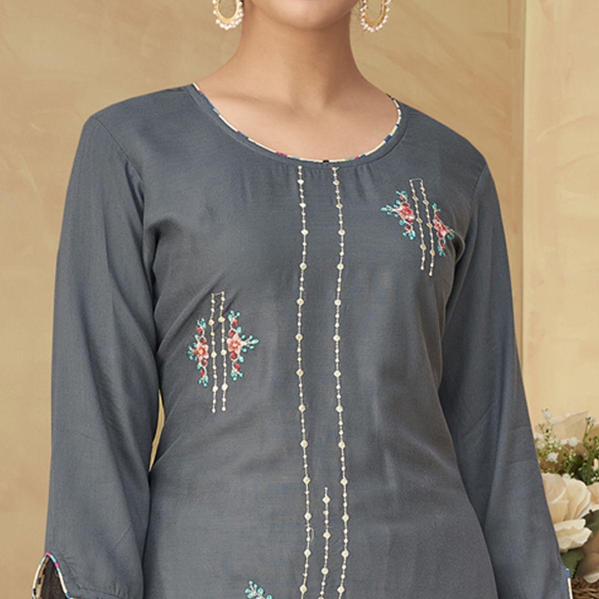 Grey Partywear Floral Embroidered Rayon Kurti Palazzo Set
