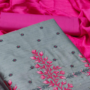 Grey Partywear Floral Embroidered Silk Dress Material