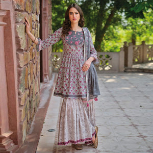 Grey Partywear Floral Printed Cotton Sharara Suit