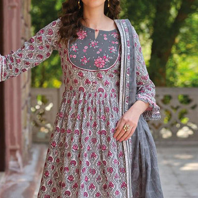 Grey Partywear Floral Printed Cotton Sharara Suit