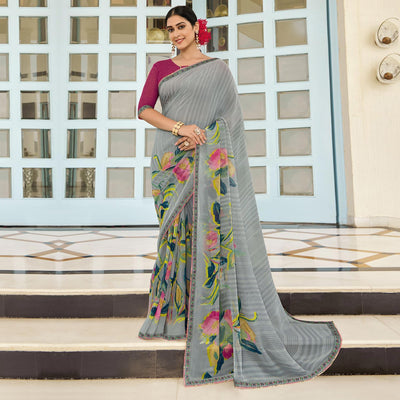 Grey Partywear Floral Printed Georgette Saree