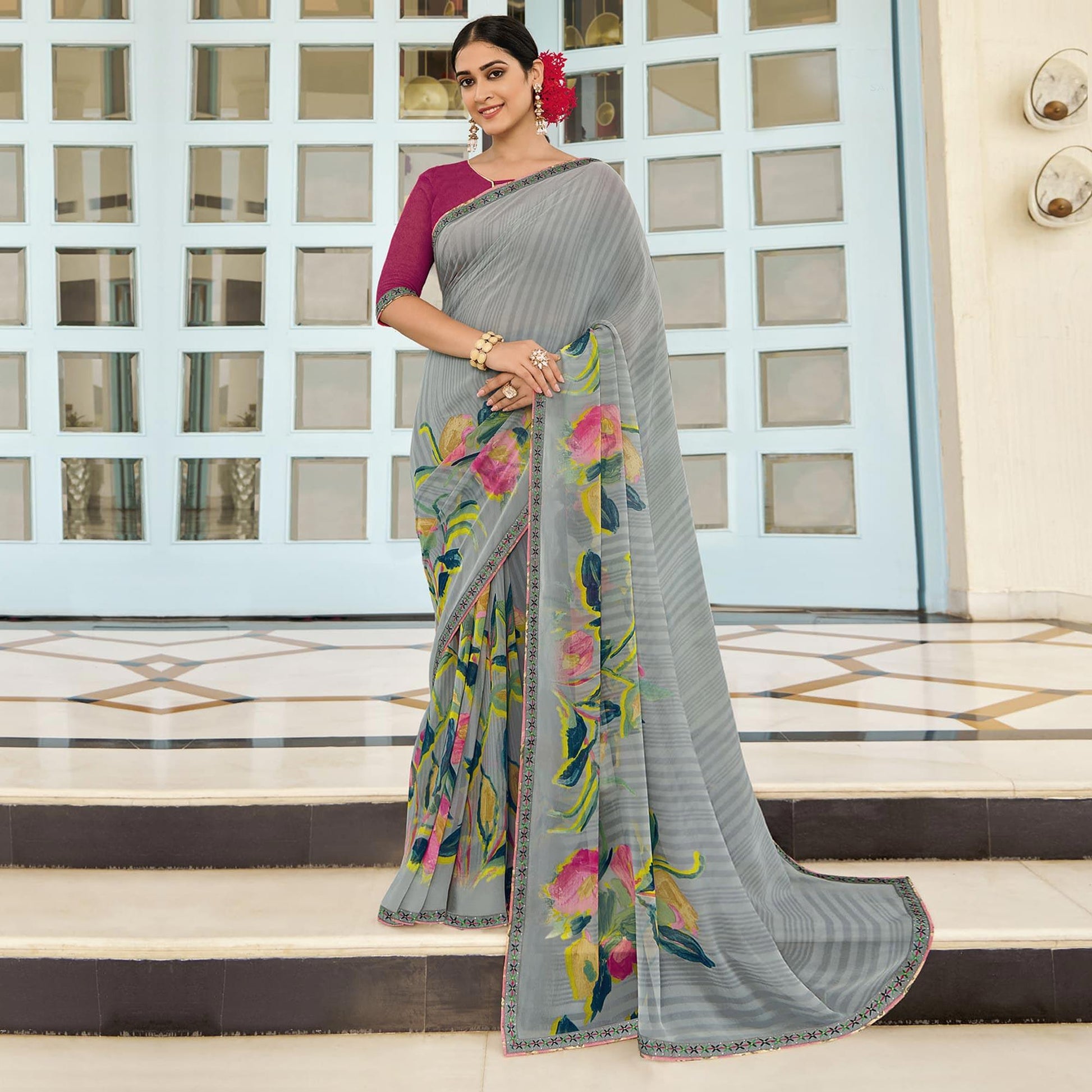 Grey Partywear Floral Printed Georgette Saree