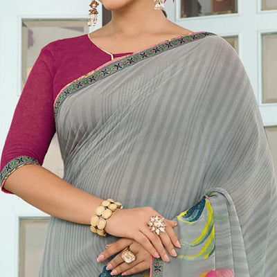 Grey Partywear Floral Printed Georgette Saree