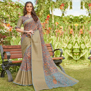 Grey Partywear Floral Printed Linen Saree