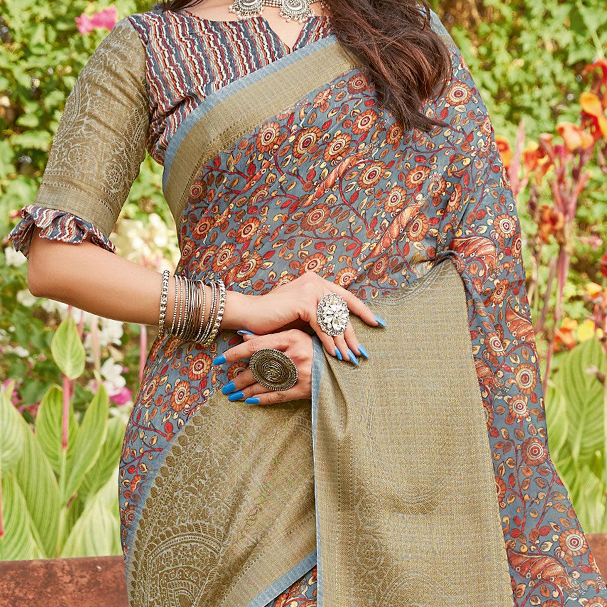 Grey Partywear Floral Printed Linen Saree