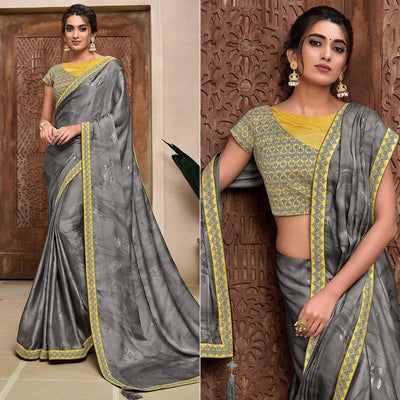 Grey Partywear Foil Printed & Resham Embroidered Satin Saree