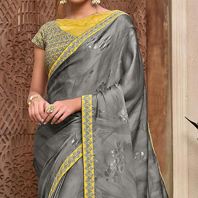 Grey Partywear Foil Printed & Resham Embroidered Satin Saree