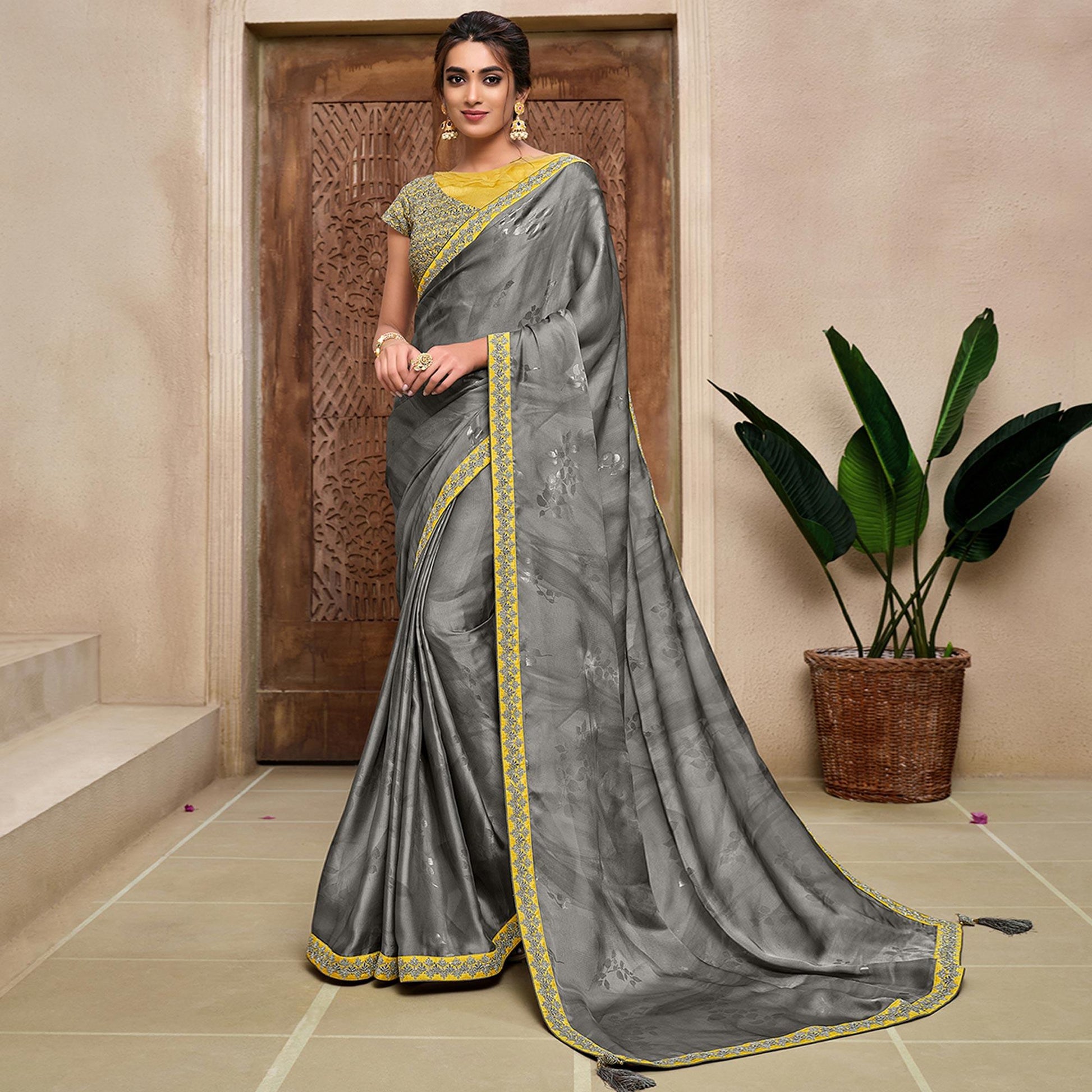 Grey Partywear Foil Printed & Resham Embroidered Satin Saree