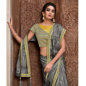 Grey Partywear Foil Printed & Resham Embroidered Satin Saree
