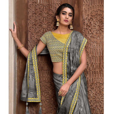 Grey Partywear Foil Printed & Resham Embroidered Satin Saree