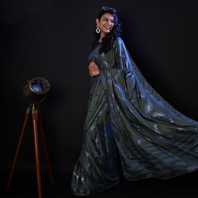Grey Partywear Foil Printed Diamond Lace Brasso Saree
