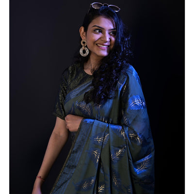 Grey Partywear Foil Printed Diamond Lace Brasso Saree