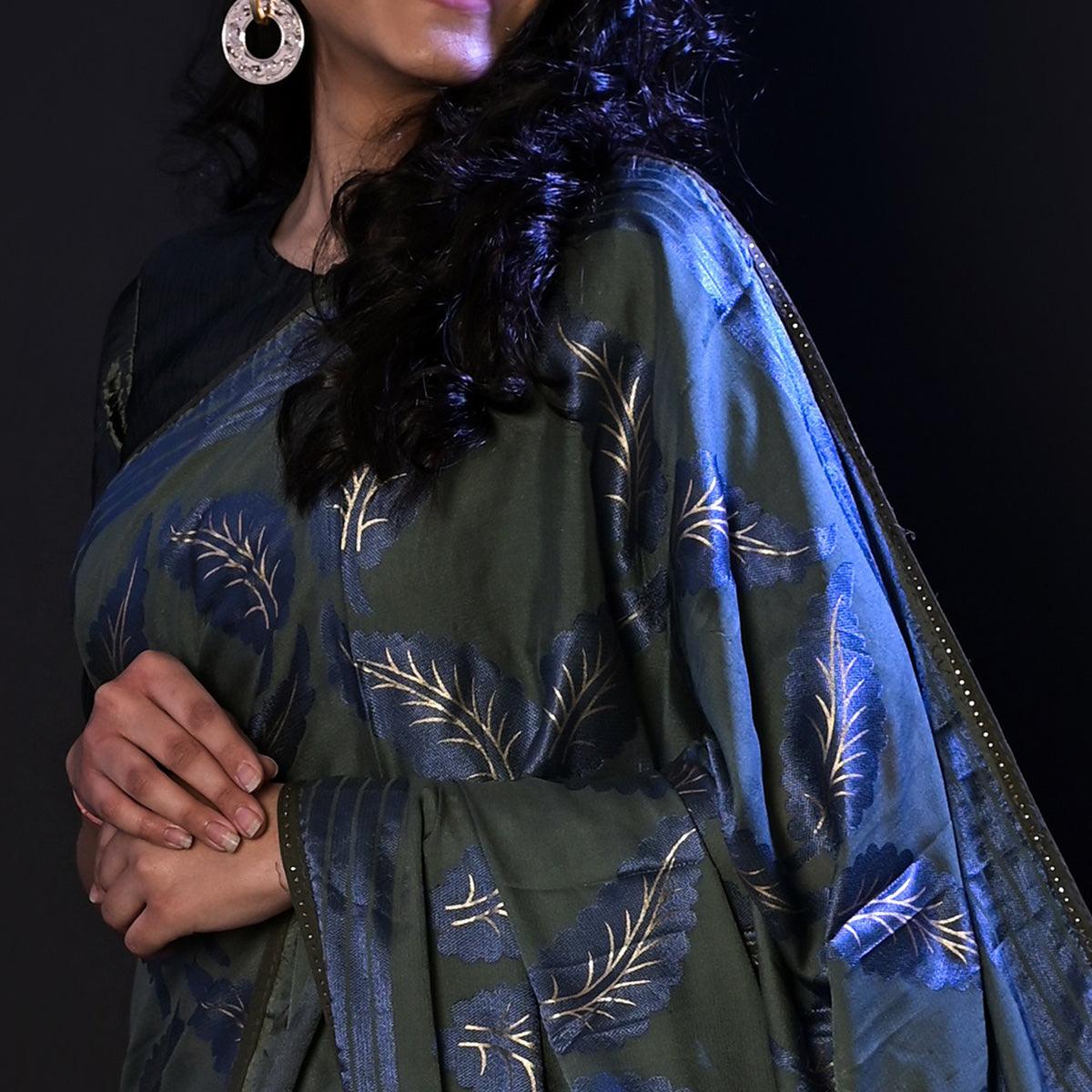 Grey Partywear Foil Printed Diamond Lace Brasso Saree