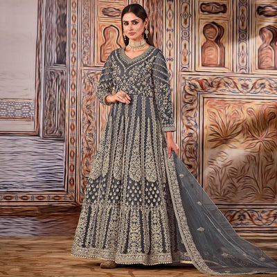 Grey Partywear Heavy Embroidered Net Anarkali Suit