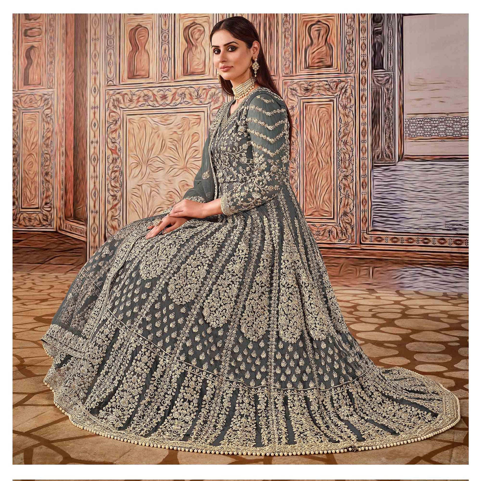 Grey Partywear Heavy Embroidered Net Anarkali Suit