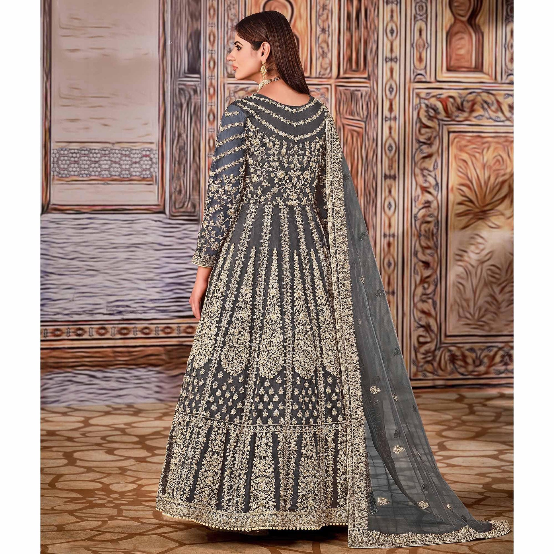 Grey Partywear Heavy Embroidered Net Anarkali Suit
