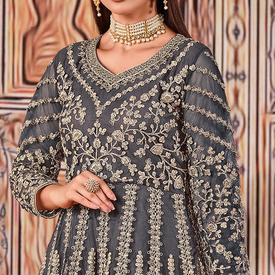 Grey Partywear Heavy Embroidered Net Anarkali Suit