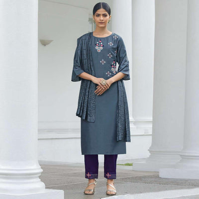 Grey Partywear Heavy Hand Work Bember Silk Suit