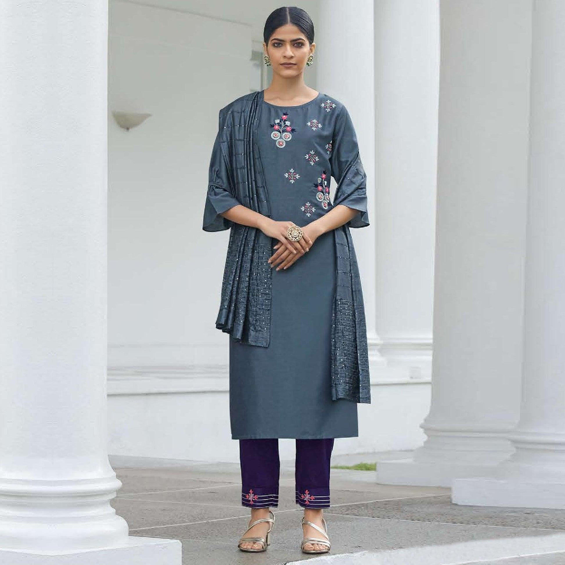 Grey Partywear Heavy Hand Work Bember Silk Suit