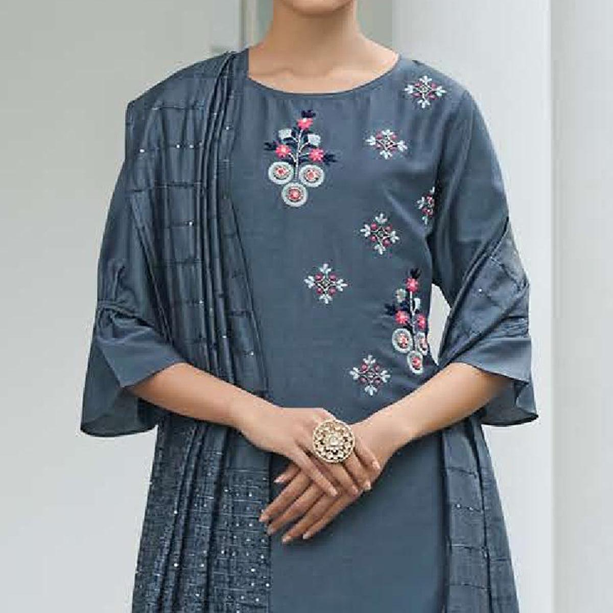 Grey Partywear Heavy Hand Work Bember Silk Suit