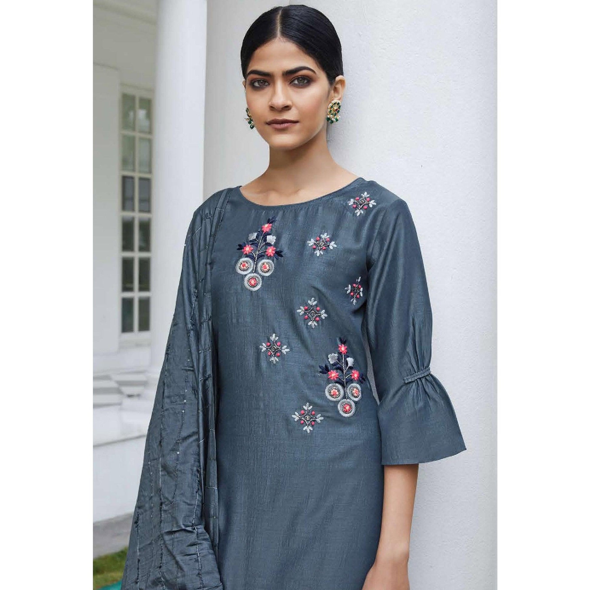 Grey Partywear Heavy Hand Work Bember Silk Suit