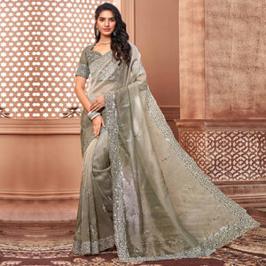 Grey Partywear Mirror Work Embroidered Organza Saree