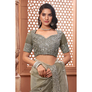 Grey Partywear Mirror Work Embroidered Organza Saree